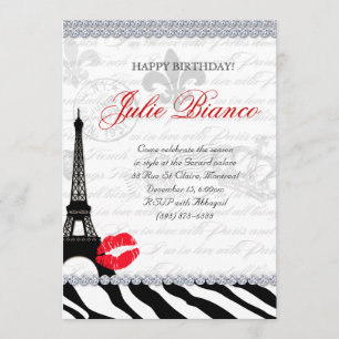 Birthday Party Paris Card Eiffel Tower Zebra Red