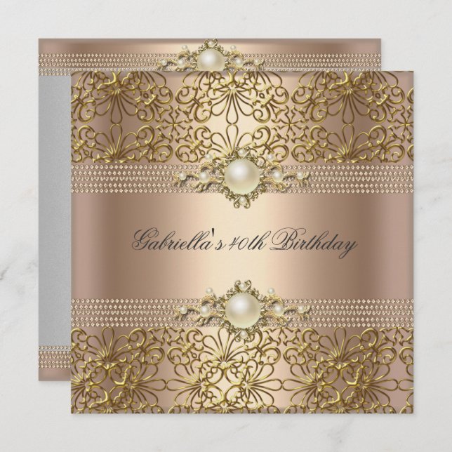 Birthday Party Pearl Coffee Cream Gold chain Invitation (Front/Back)