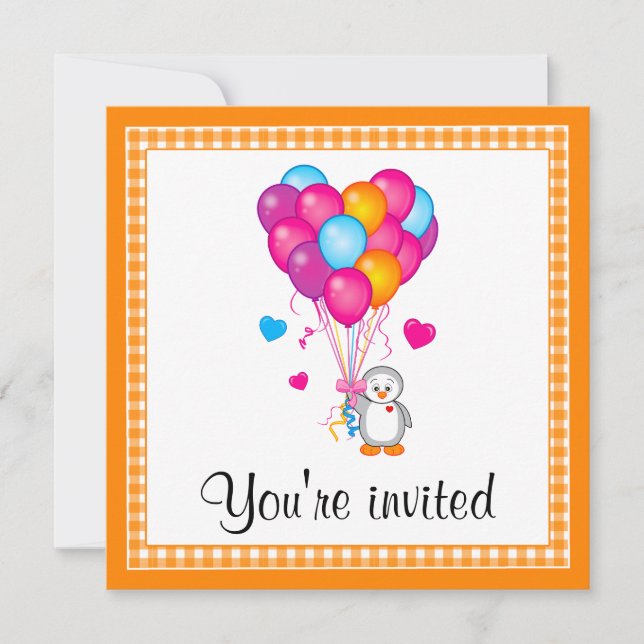 Birthday Party Penguin Heart Balloons Customisable Invitation (Front)