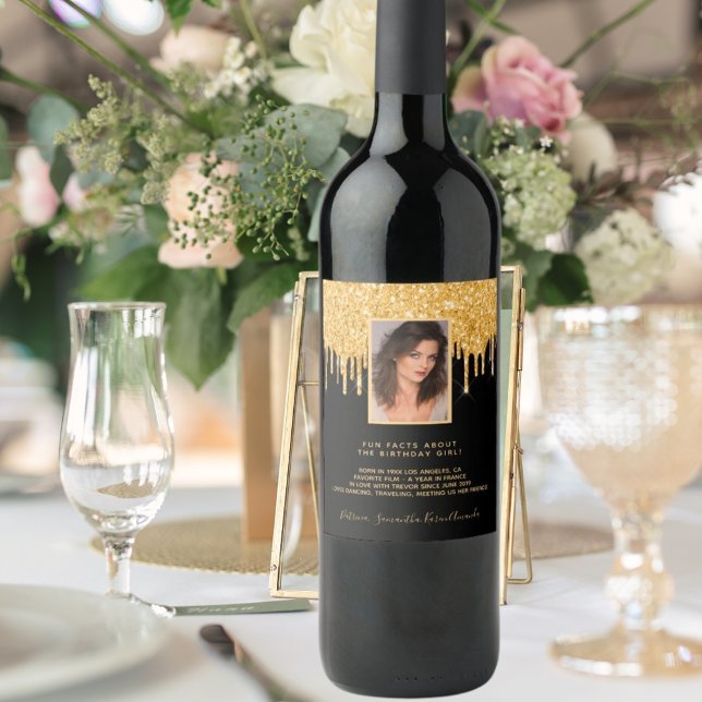 Birthday party photo black glitter gold fun facts wine label (Creator Uploaded)