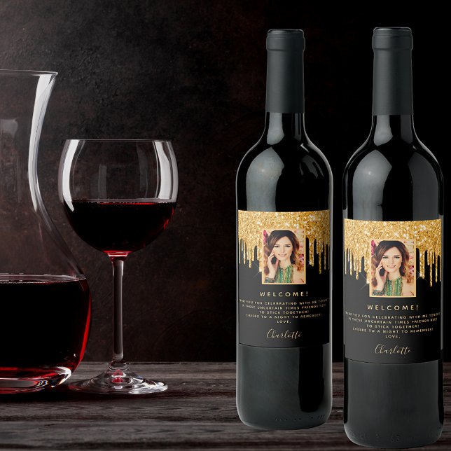 Birthday party photo black glitter gold welcome wine label (Creator Uploaded)