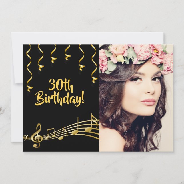 Birthday party photo black gold glam invitation (Front)