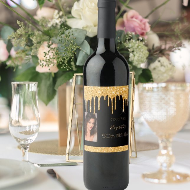 Birthday party photo black gold glitter glam wine label (Creator Uploaded)