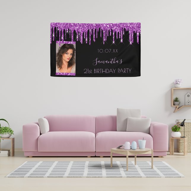 Birthday party photo black purple glitter elegant banner (Creator Uploaded)