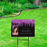 Birthday party photo black purple glitter elegant garden sign<br><div class="desc">A sign for a girly and glamourous 21st (or any age) birthday party. A chic black background with trendy purple faux glitter drips, paint dripping look. Personalise and add your own vertical photo of the birthday girl. The name is written in a modern hand lettered style script. Light purple letters....</div>