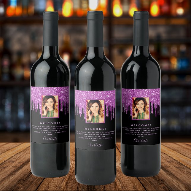 Birthday party photo black purple glitter welcome wine label (Creator Uploaded)