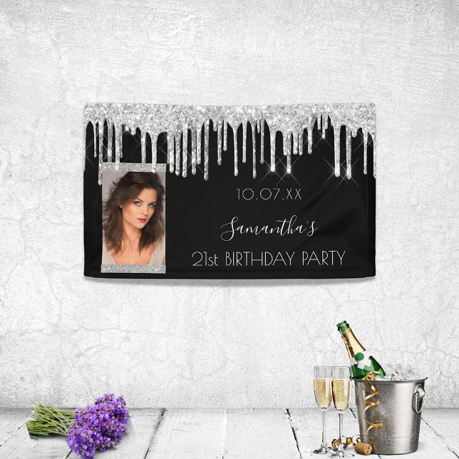 Birthday party photo black silver glitter glam banner (Creator Uploaded)