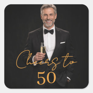 Birthday party photo cheers gold square sticker