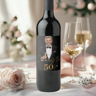 Birthday party photo cheers gold wine label