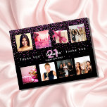 Birthday party photo collage black thank you card<br><div class="desc">A photo collage thank you card for girls and women.  Personalize and add 8 of your 21st (or any age) birthday party photos on the front.  Add your name,  age,  date. A stylish black background with pink and purple confetti.
Back:  your thank you note.</div>