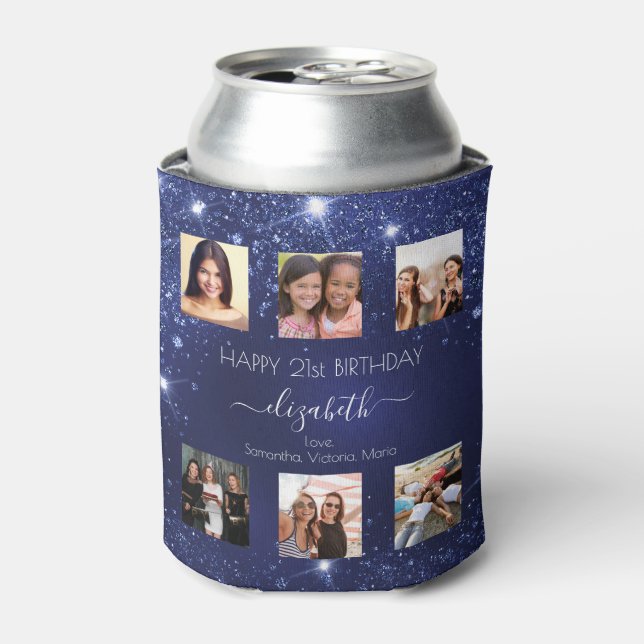 Birthday party photo collage blue best friends  can cooler (Can Front)