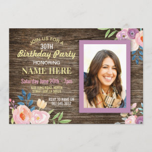 Birthday Party Photo Flowers Rustic Wood Invite