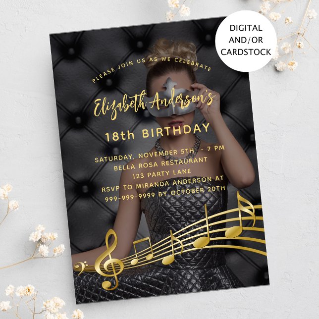 Birthday party photo gold music notes invitation (Creator Uploaded)