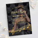 Birthday party photo gold music notes invitation postcard<br><div class="desc">Personalise and add your photo. Deccorated with faux gold music notes. Templates for your party information. Back: white background. I have used an dark overlay over the photo so that it's easier to read the text. I have added 2 layers, but ony one is active. There is a little symbol...</div>