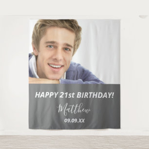 Birthday party photo grey white modern guy welcome tapestry