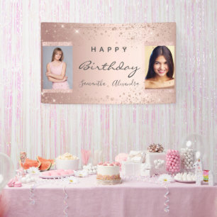 Birthday party photo rose gold glitter friends banner