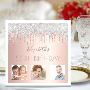 Birthday party photo rose gold glitter pink silver napkin