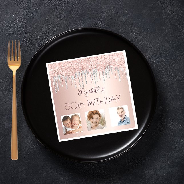 Birthday party photo rose gold glitter pink silver napkin (Creator Uploaded)