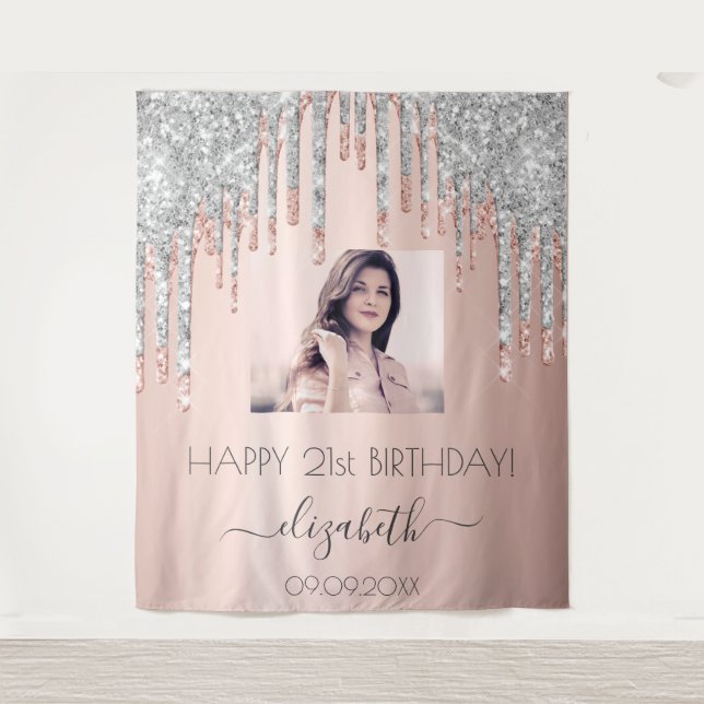 Birthday party photo rose gold glitter pink silver tapestry (Front)