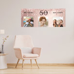 Birthday party photo rose gold glitter sparkle banner<br><div class="desc">For a 50th (or any age) birthday as a party welcome banner or wall decoration. A collage of 3 of your photos of herself friends, family, interestsor pets. Personalise and add her name, age 50 and a date. Date of birth or the date of the birthday party. A girly rose...</div>