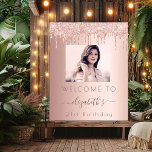Birthday party photo rose gold glitter welcome poster<br><div class="desc">For a girly and glamourous 21st (or any age) birthday party. A rose gold , pink gradient background with an elegant rose gold coloured faux glitter drips. Personalise and add your own high quality photo of the birthday girl. Personalise and add a name and age 21. The name is written...</div>