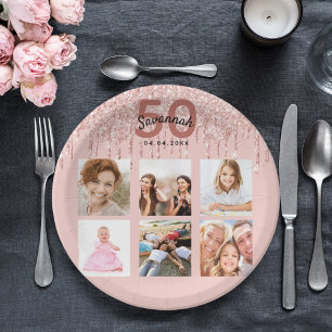 Birthday party photo rose gold pink paper plate