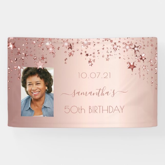 Birthday party photo rose gold pink stars banner (Horizontal)