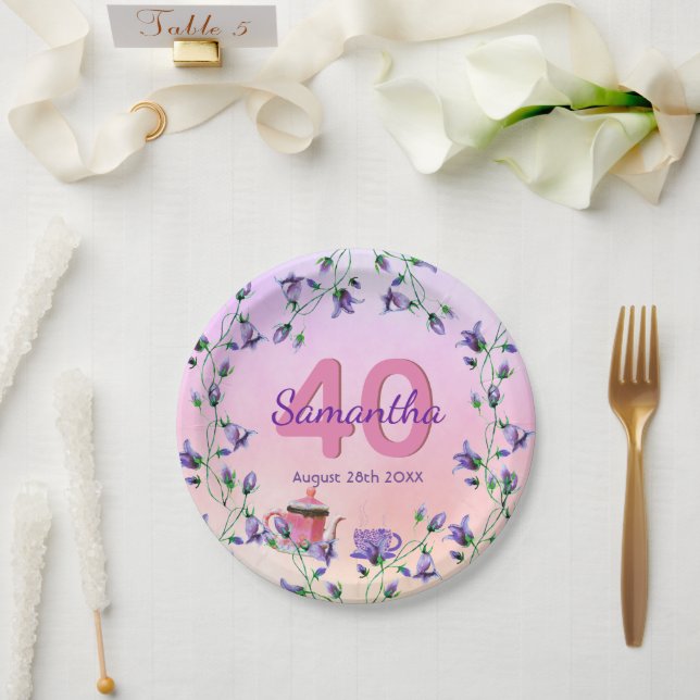 Birthday party pink bluebells flowers tea party paper plate (Wedding)