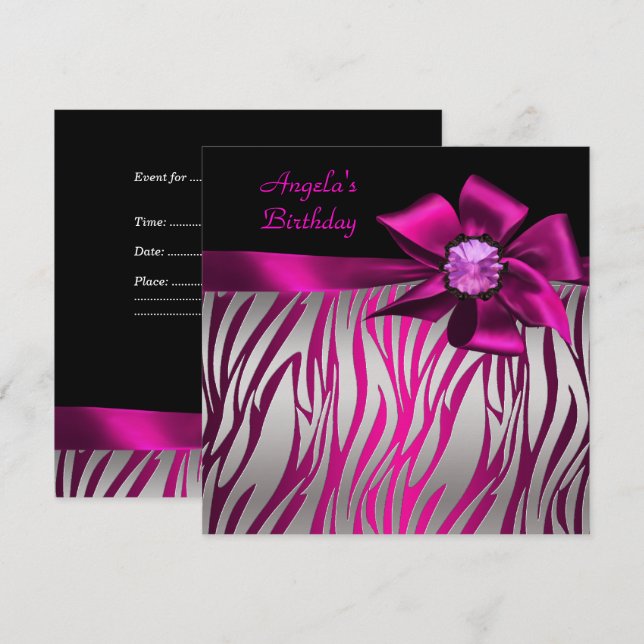 Birthday Party Pink Bow Black Pink Zebra Silver Invitation (Front/Back)