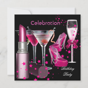 Birthday Party Pink Champagne Drinks Invitation