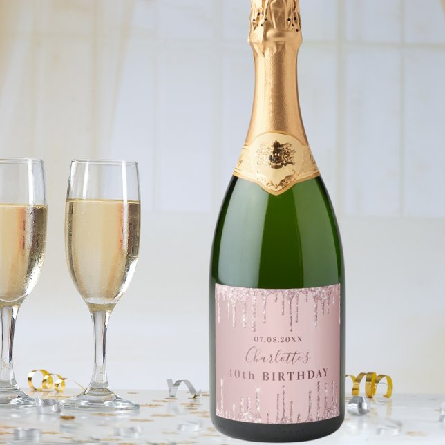 Birthday party pink dusty rose glitter monogram sparkling wine label (Creator Uploaded)