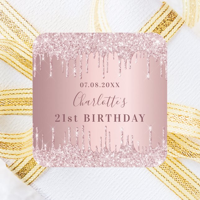 Birthday party pink dusty rose glitter monogram square sticker (Creator Uploaded)