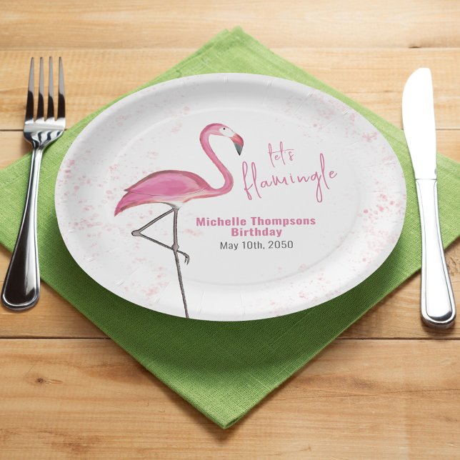 Birthday Party Pink Flamingo Custom Paper Plate (Birthday pink flamingo Paper  plate with watercolor tropical artwork.)