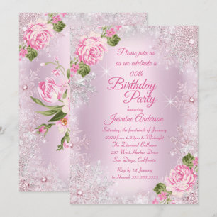Birthday Party Pink Floral Winter Wonderland Invitation
