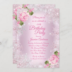 Birthday Party Pink Floral Winter Wonderland Invitation