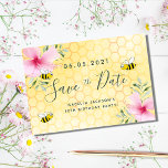 Birthday party pink florals yellow honeycomb bees save the date<br><div class="desc">Happy smiling bees,  pink flowers and yellow honeycomb as background.   Personalise and add a date and name. Black coloured letters.  The text: Save the Date is written with a large trendy hand lettered style script.</div>
