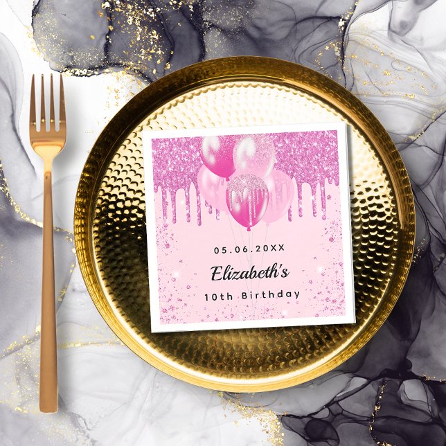 Birthday party pink glitter balloons girl napkin (Creator Uploaded)