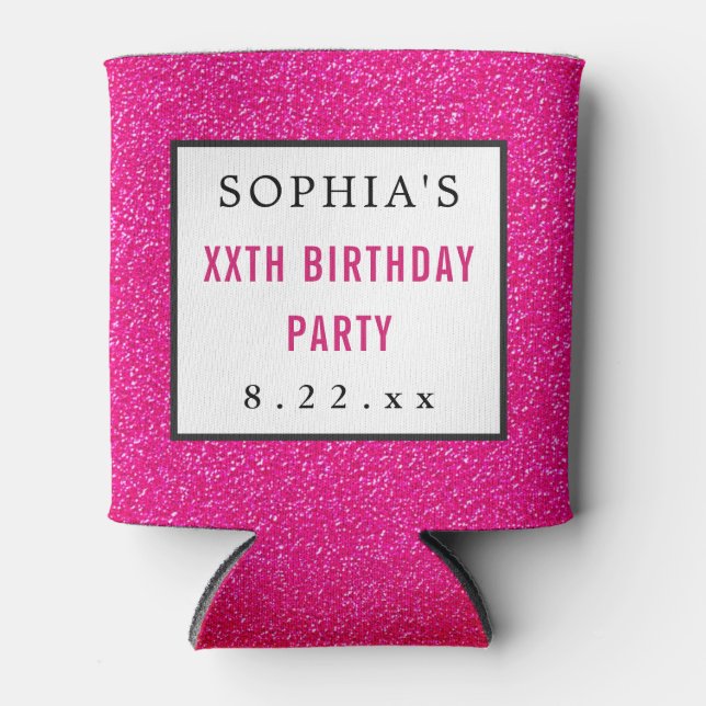 Birthday Party Pink Glitter Modern Typography Can Cooler (Front)