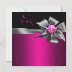 Birthday Party Pink Grey Bow Black Pink Jewel Invitation