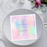 Birthday party pink purple holographic napkin<br><div class="desc">A girly trendy iridescent background with unicorn and rainbow pastel colours in pink,  purple,  mint green. Decorated with faux sparkles.  Personalise and add a name and age.  The word birthday is written with a modern hand lettered style script.</div>