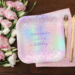 Birthday party pink purple holographic paper plate<br><div class="desc">A girly trendy iridescent background with unicorn and rainbow pastel colours in pink,  purple,  mint green. Decorated with faux sparkles.  Personalise and add a name and age.  The word birthday is written with a modern hand lettered style script.</div>