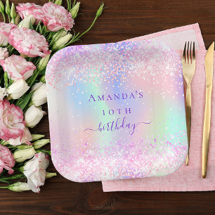 Birthday party pink purple holographic paper plate