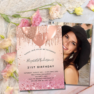 Birthday party pink rose gold balloon photo luxury invitation