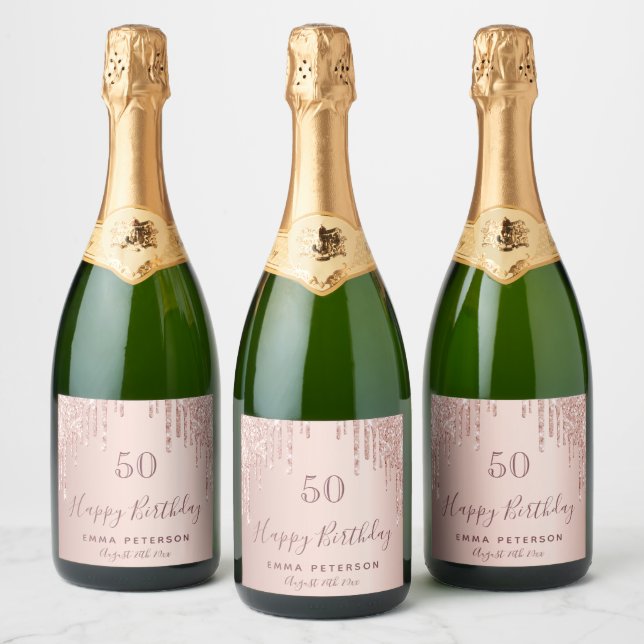 Birthday party pink rose gold drips sparkling wine label (Bottles)