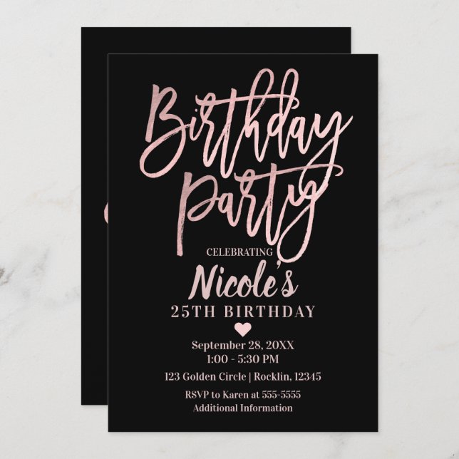 Birthday Party Pink Rose Gold Foil & Black Modern Invitation (Front/Back)