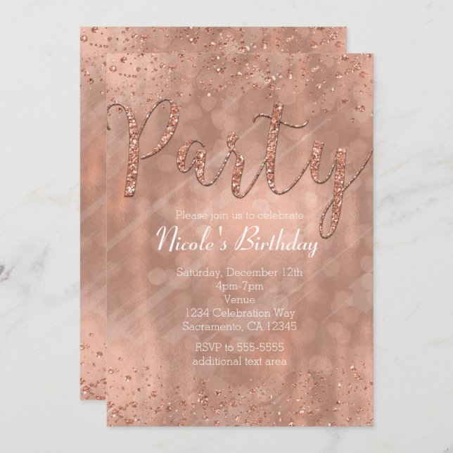 Birthday Party Pink Rose Gold Glamour Invitations (Front/Back)