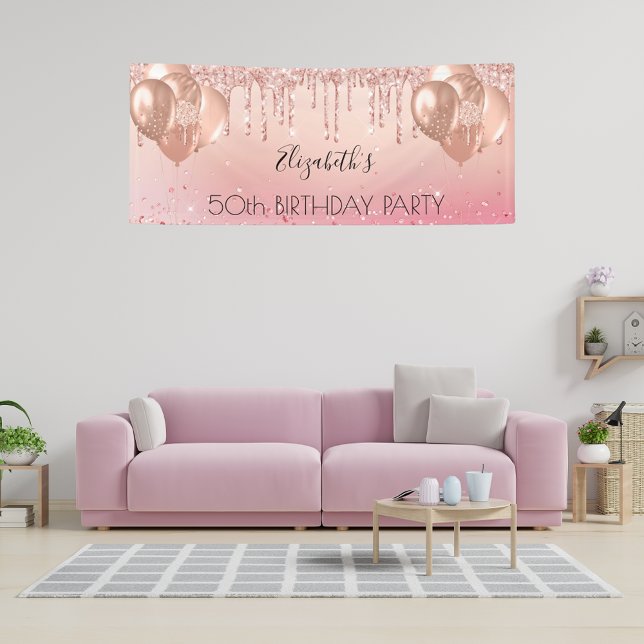 Birthday party pink rose gold glitter balloons banner (Creator Uploaded)
