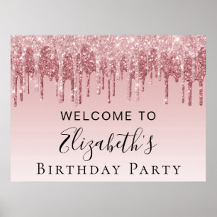 Birthday Party Pink Rose Gold Glitter Welcome Poster