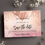 Birthday party pink rose gold save the date announcement postcard<br><div class="desc">A girly and trendy Save the Date card for a 18th (or any age) birthday party. A blush pink, rose gold gradient background decorated with faux glitter drips, sparkles, and balloons. Personalise and add a date and name/age. The text: Save the Date is written with a large trendy hand lettered...</div>