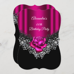 Birthday Party Pink Rose Lace Black Silver Invitation